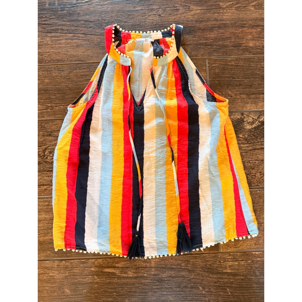 THML Womens Multi Color Striped Halter Top With Pom Pom Tassels